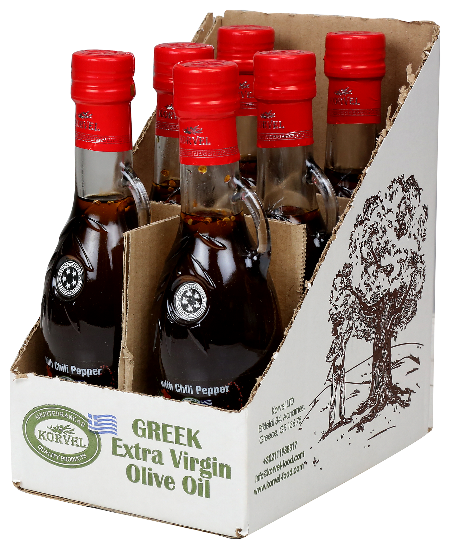 KORVEL Greek Extra Virgin Olive Oil with Chili Pepper, Amphora 8.45 fl oz - 6 pack