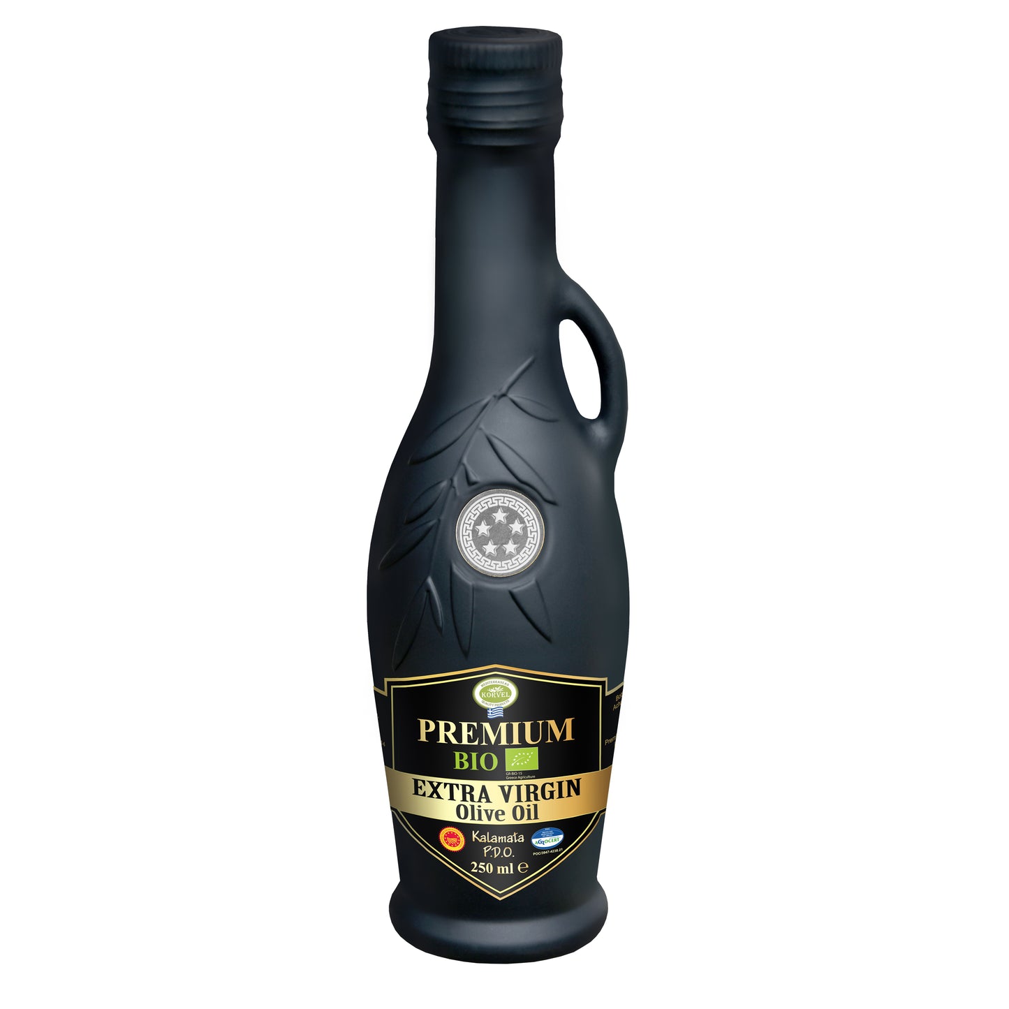 KORVEL Greek Extra Virgin Olive Oil Organic Premium PDO Kalamata, black Amphora 8.45 fl oz - 6 pack