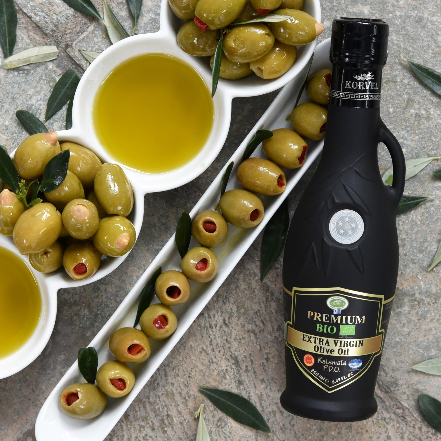 KORVEL Greek Extra Virgin Olive Oil Organic Premium PDO Kalamata, black Amphora 8.45 fl oz - 6 pack