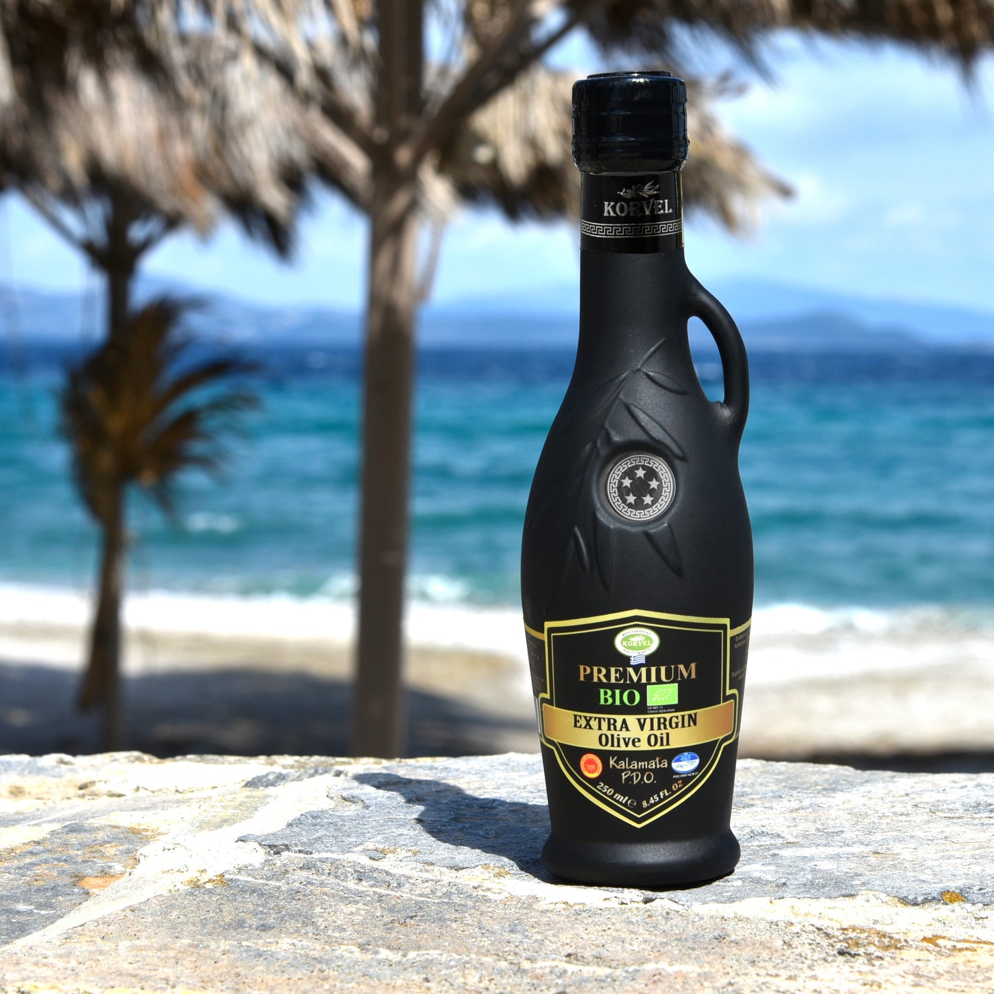 KORVEL Greek Extra Virgin Olive Oil Organic Premium PDO Kalamata, black Amphora 8.45 fl oz - 6 pack