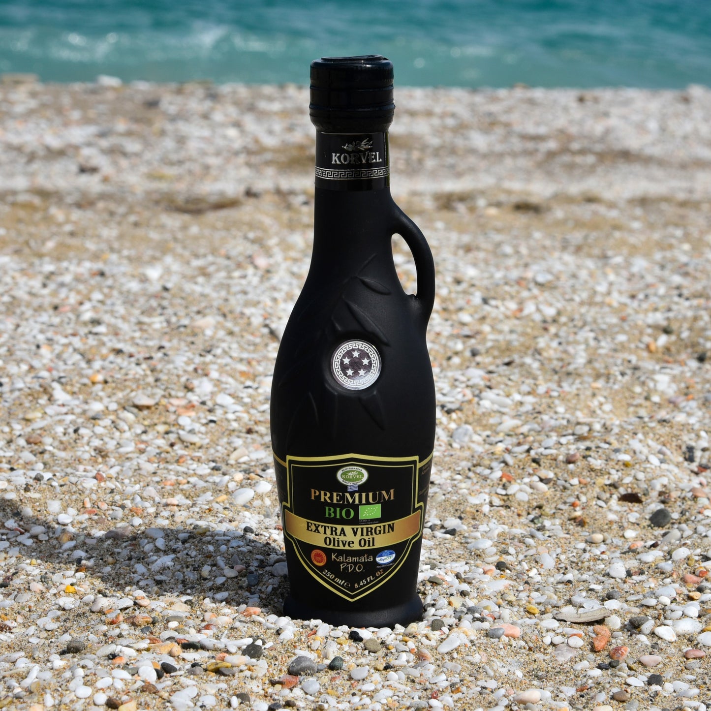 KORVEL Greek Extra Virgin Olive Oil Organic Premium PDO Kalamata, black Amphora 8.45 fl oz - 6 pack