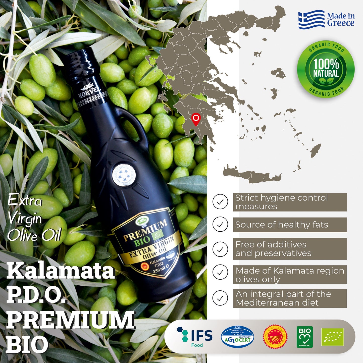 KORVEL Greek Extra Virgin Olive Oil Organic Premium PDO Kalamata, black Amphora 8.45 fl oz - 6 pack