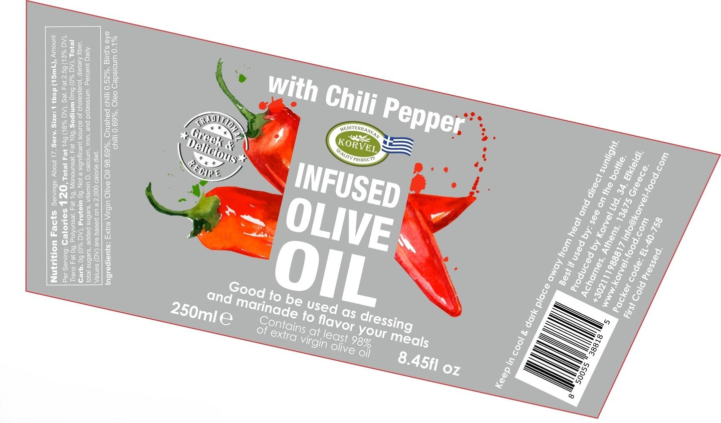 KORVEL Greek Extra Virgin Olive Oil with Chili Pepper, Amphora 8.45 fl oz - 6 pack