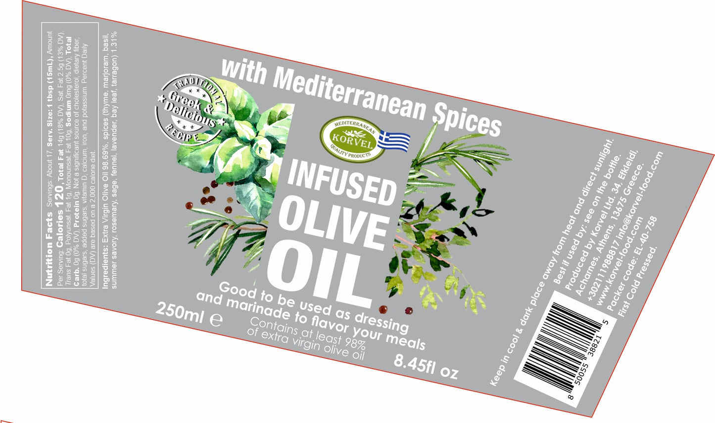 KORVEL Greek Extra Virgin Olive Oil with with Mediterranean herbs, Amphora 8.45 fl oz - 6 pack