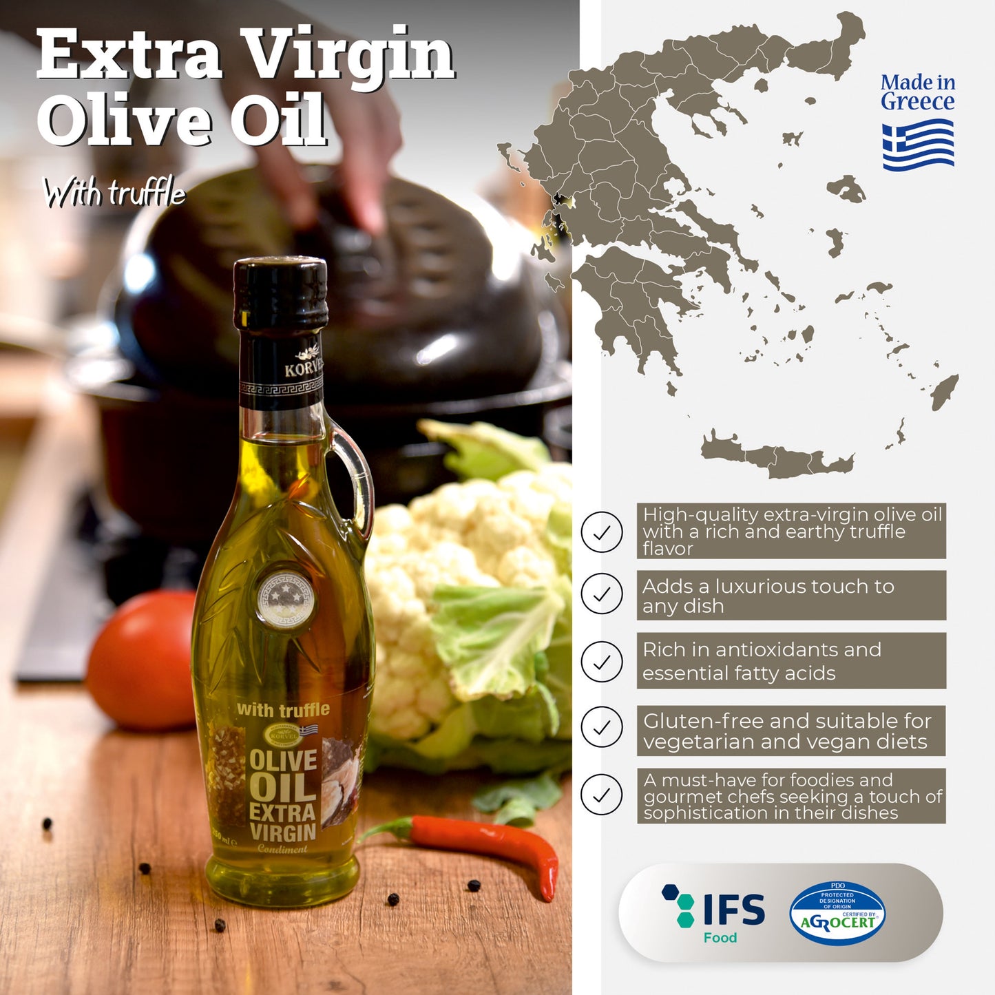 KORVEL Greek Extra Virgin Olive Oil with Truffle-flavored, Amphora 8.45 fl oz - 2 pack