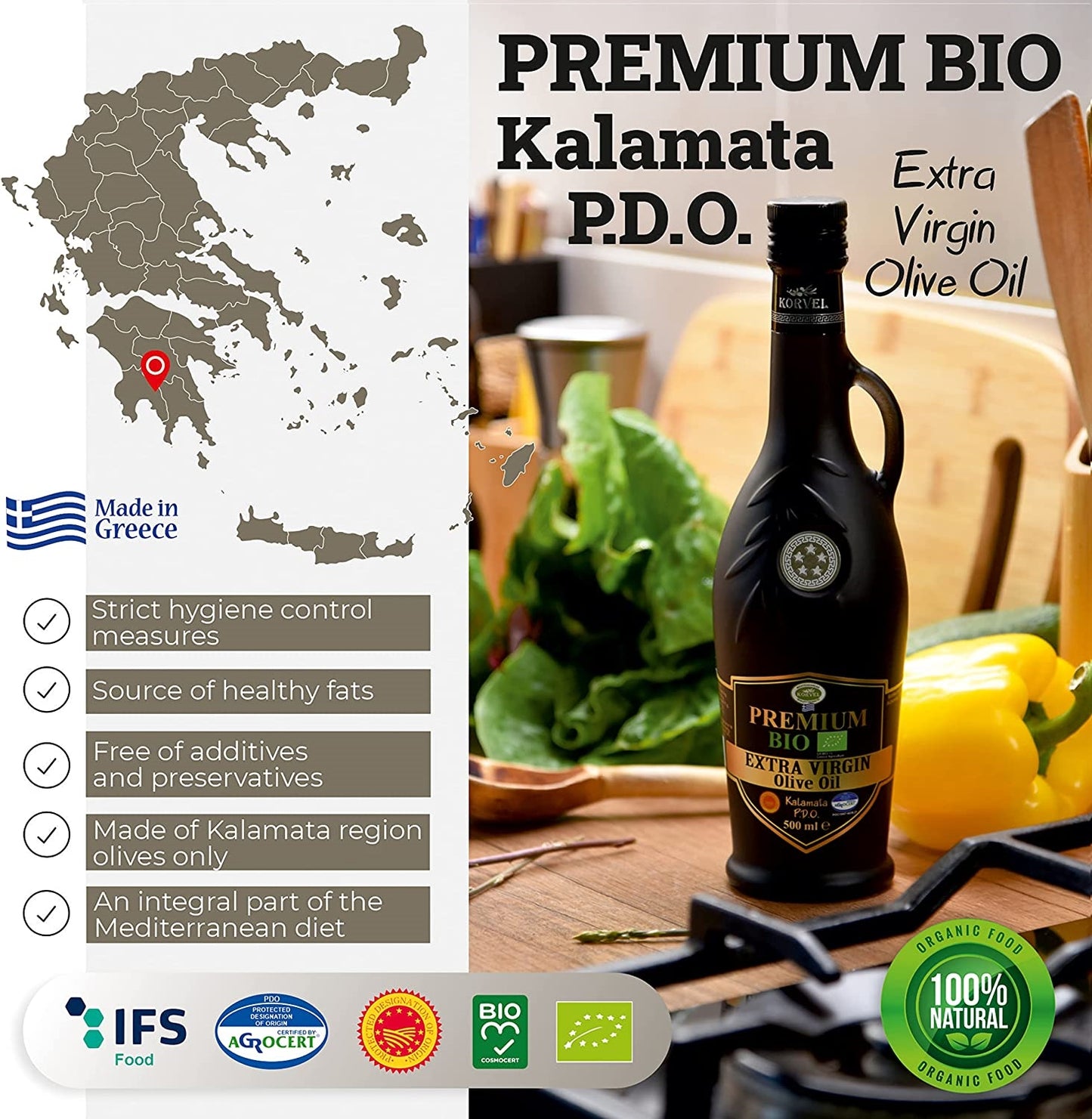 KORVEL Greek Extra Virgin Olive Oil Organic Premium PDO Kalamata, black Amphora 16.9 fl oz - 2 pack