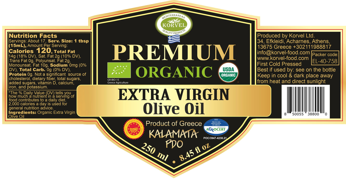 KORVEL Greek Extra Virgin Olive Oil Organic Premium PDO Kalamata, black Amphora 8.45 fl oz - 6 pack