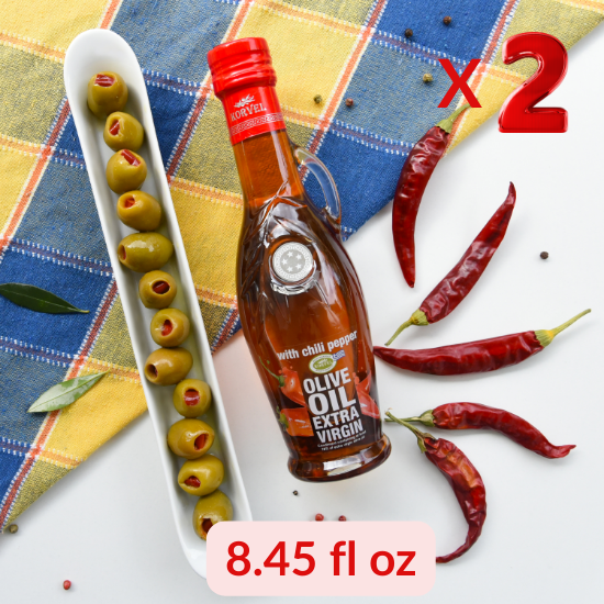 KORVEL Greek Extra Virgin Olive Oil with Chili Pepper, Amphora 8.45 fl oz - 2 pack