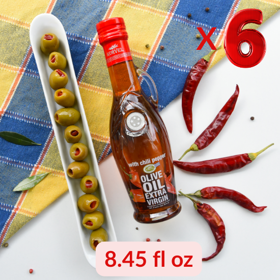 KORVEL Greek Extra Virgin Olive Oil with Chili Pepper, Amphora 8.45 fl oz - 6 pack