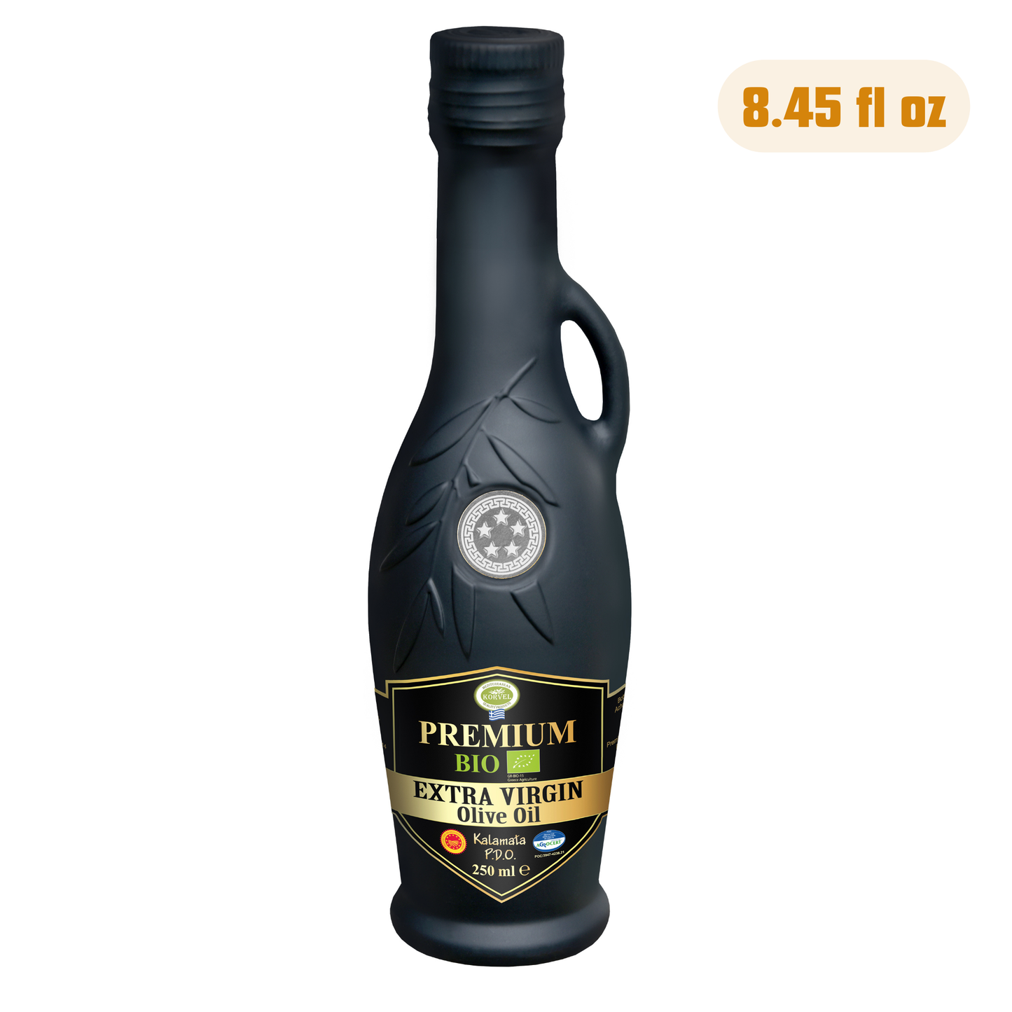 KORVEL Greek Extra Virgin Olive Oil Organic Premium PDO Kalamata, black Amphora 8.45 fl oz