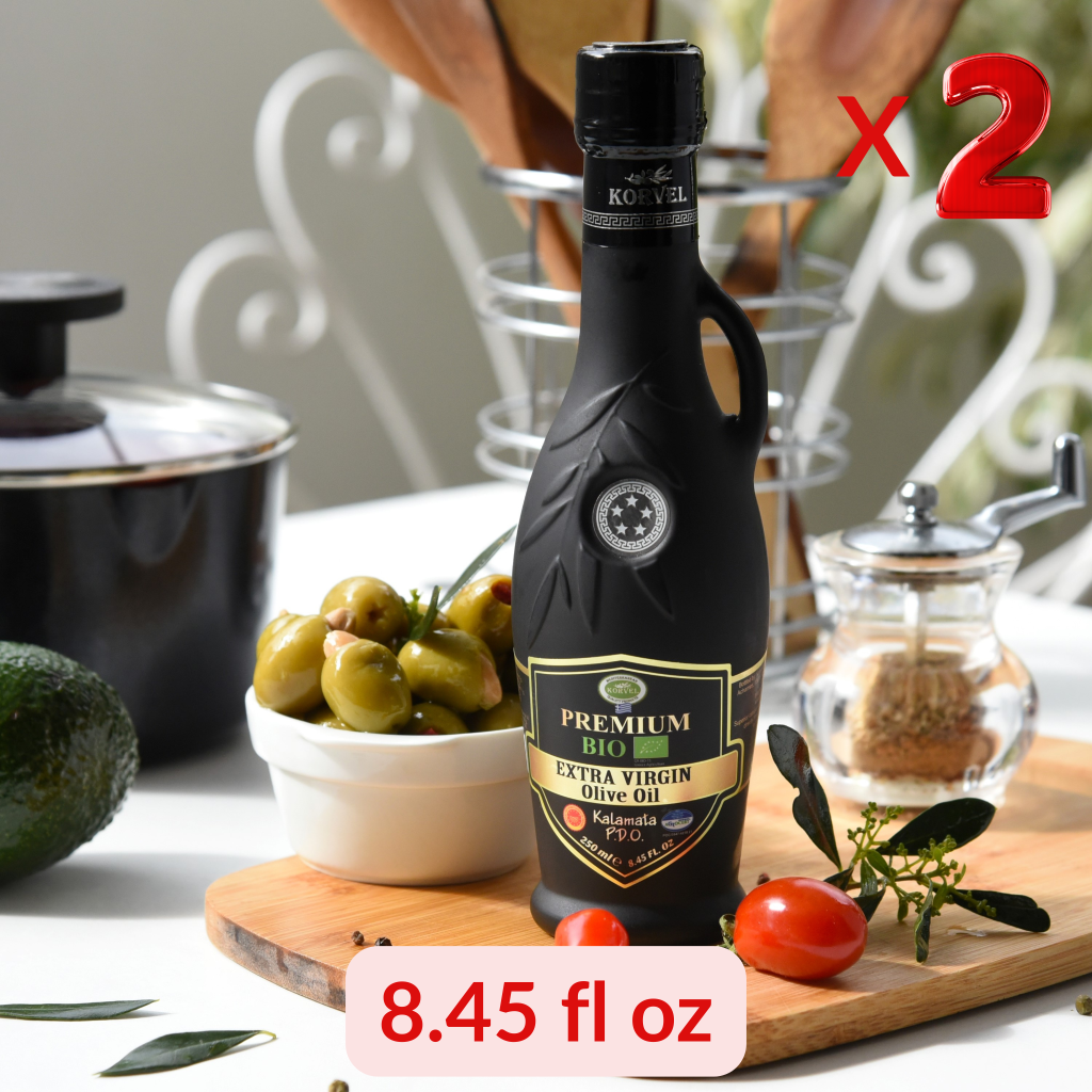 KORVEL Greek Extra Virgin Olive Oil Organic Premium PDO Kalamata, black Amphora 8.45 fl oz - 2 pack