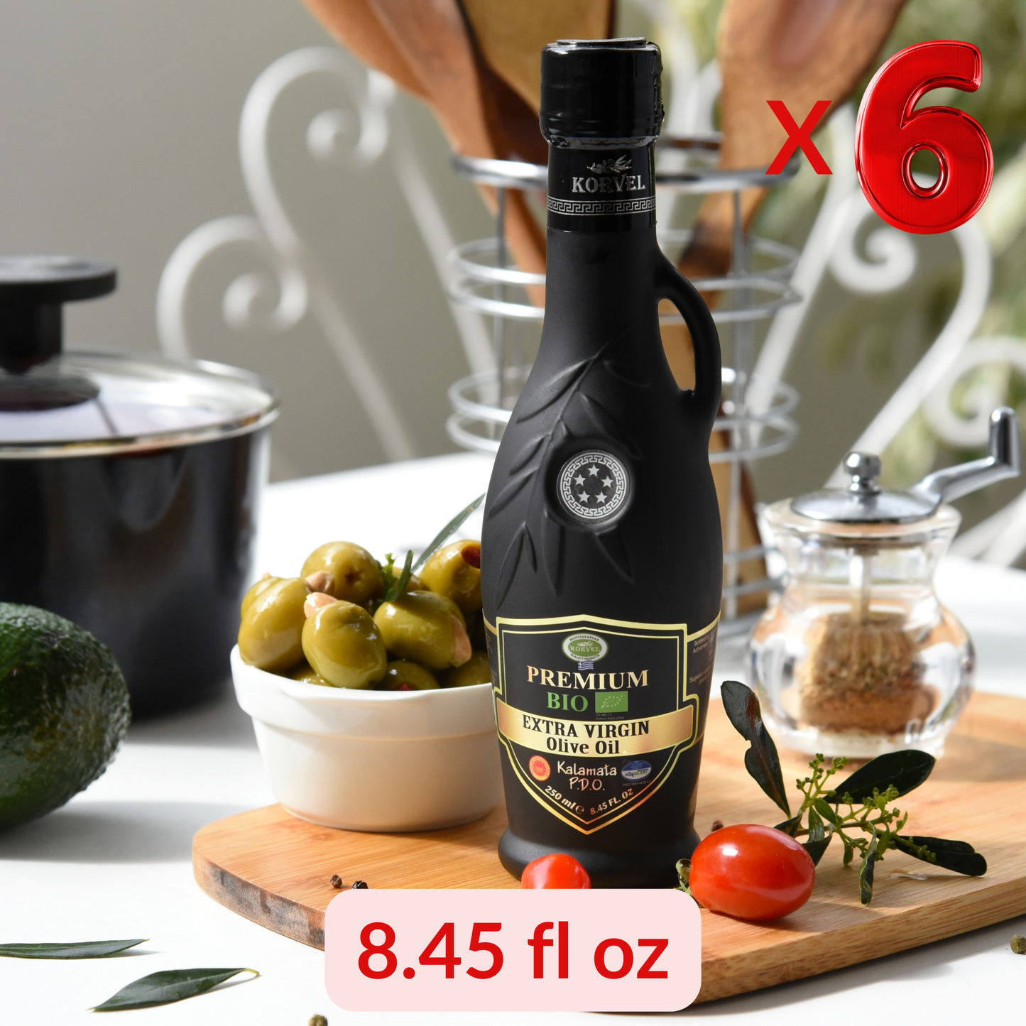 KORVEL Greek Extra Virgin Olive Oil Organic Premium PDO Kalamata, black Amphora 8.45 fl oz - 6 pack