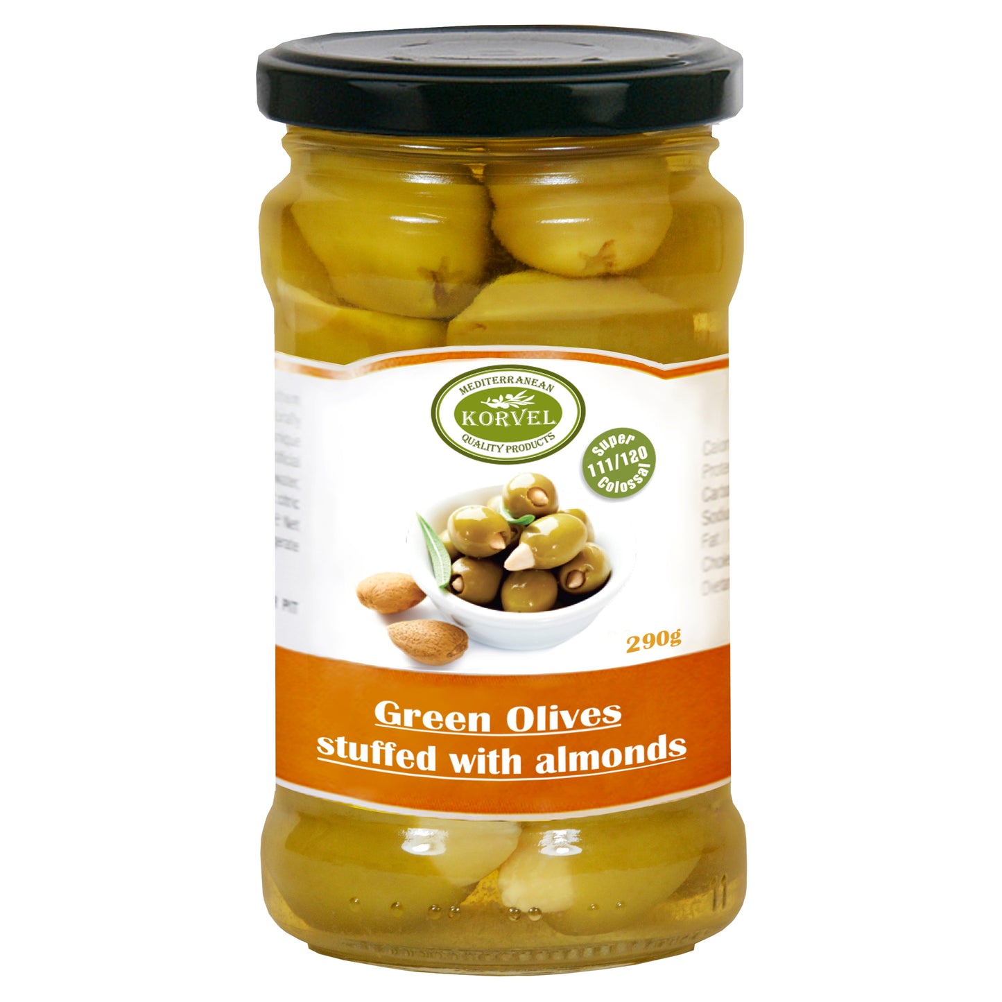 Greek Green Halkidiki Olives Stuffed with Almonds – Super Colossal – KORVEL – 290g Glass Jar