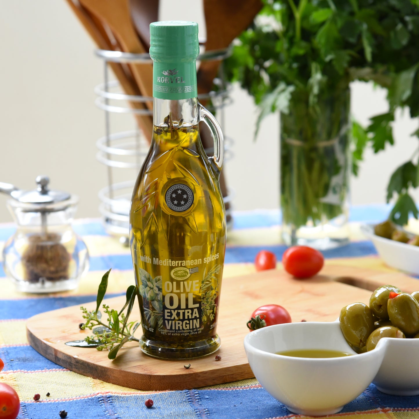 KORVEL Greek Extra Virgin Olive Oil with with Mediterranean herbs, Amphora 8.45 fl oz - 6 pack