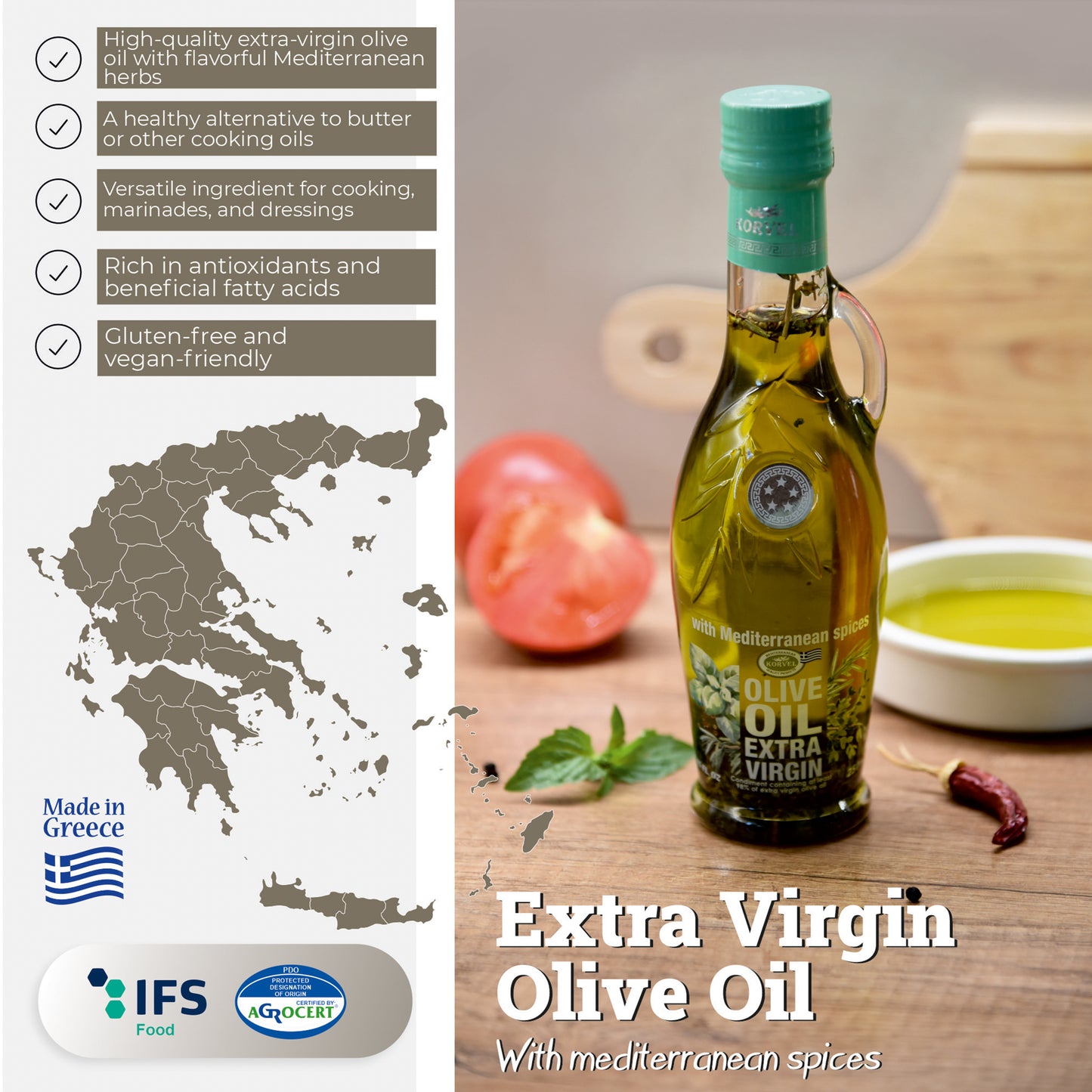 KORVEL Greek Extra Virgin Olive Oil with with Mediterranean herbs, Amphora 8.45 fl oz - 6 pack