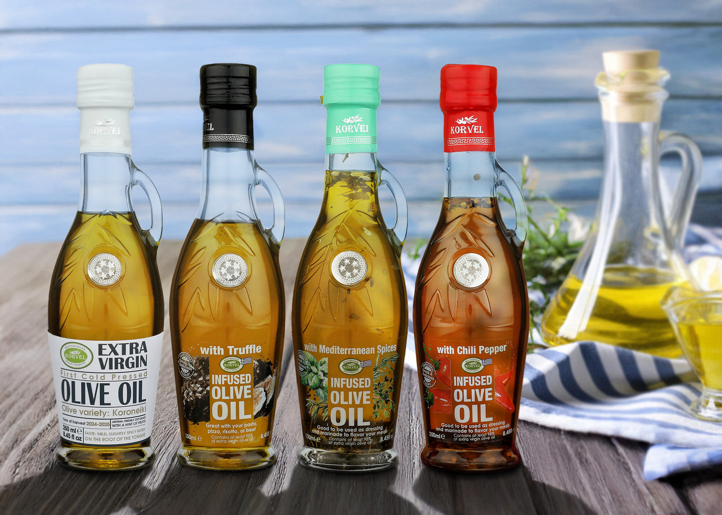 KORVEL Greek Extra Virgin olive oil collection, Amphora 8.45 fl oz - 4 pack