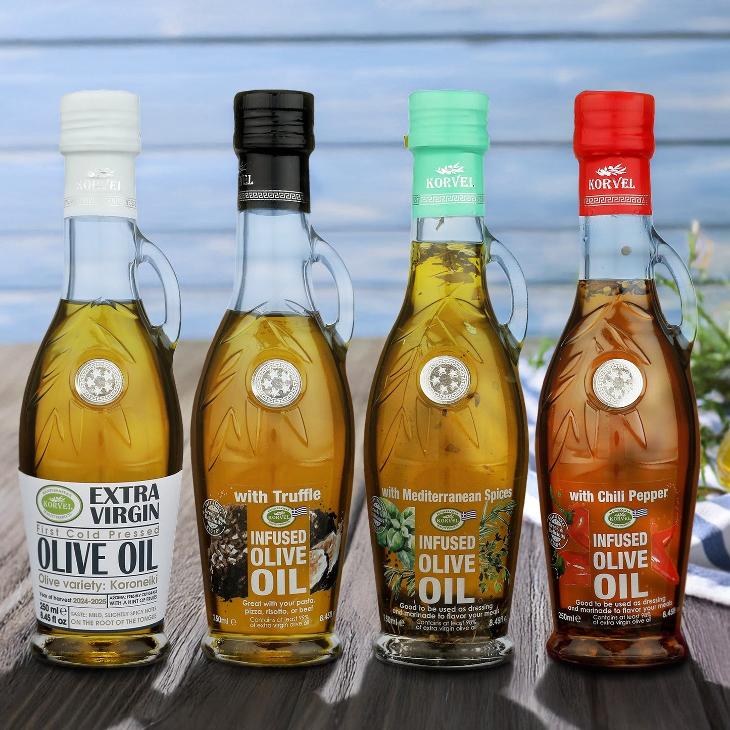 KORVEL Greek Extra Virgin olive oil collection, Amphora 8.45 fl oz - 4 pack
