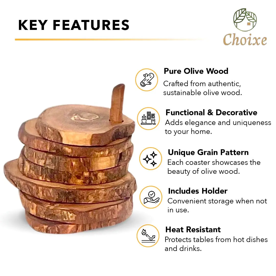 Olive Wood Coaster Set with Holder - 7 Pcs