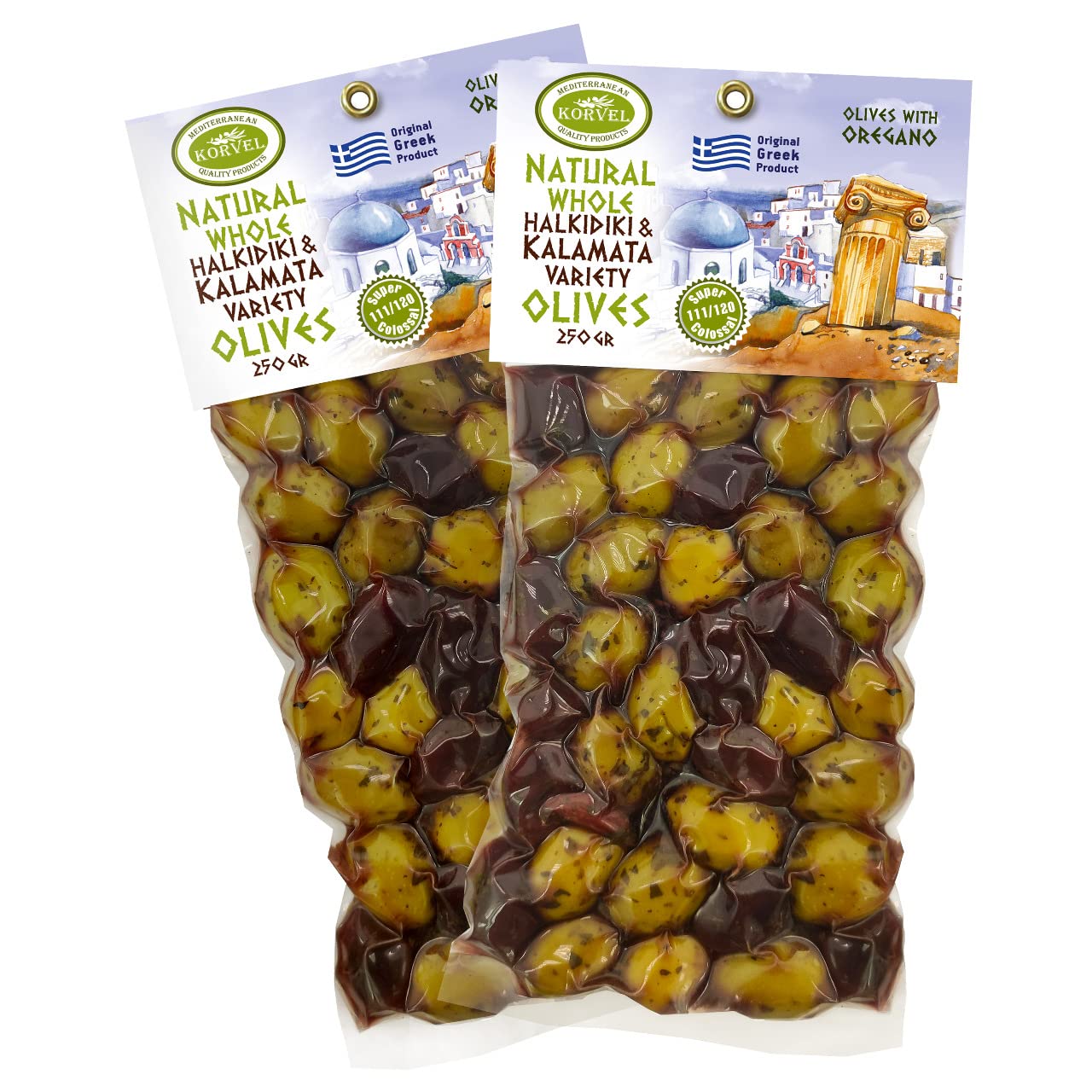 KORVEL Greek Olives - Kalamata-Halkidiki with Oregano - set of two packs, 2 x 250g - 500g - Vacuum Pack