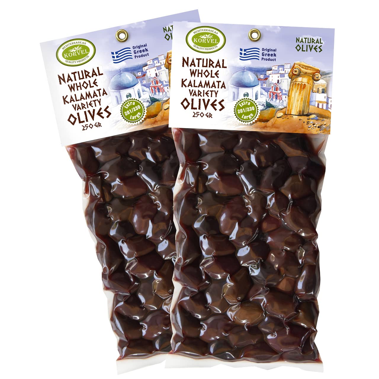 KORVEL Greek Olives Varieties of Kalamata - set of two packs, 2 x 250g - 500g - Vacuum Pack