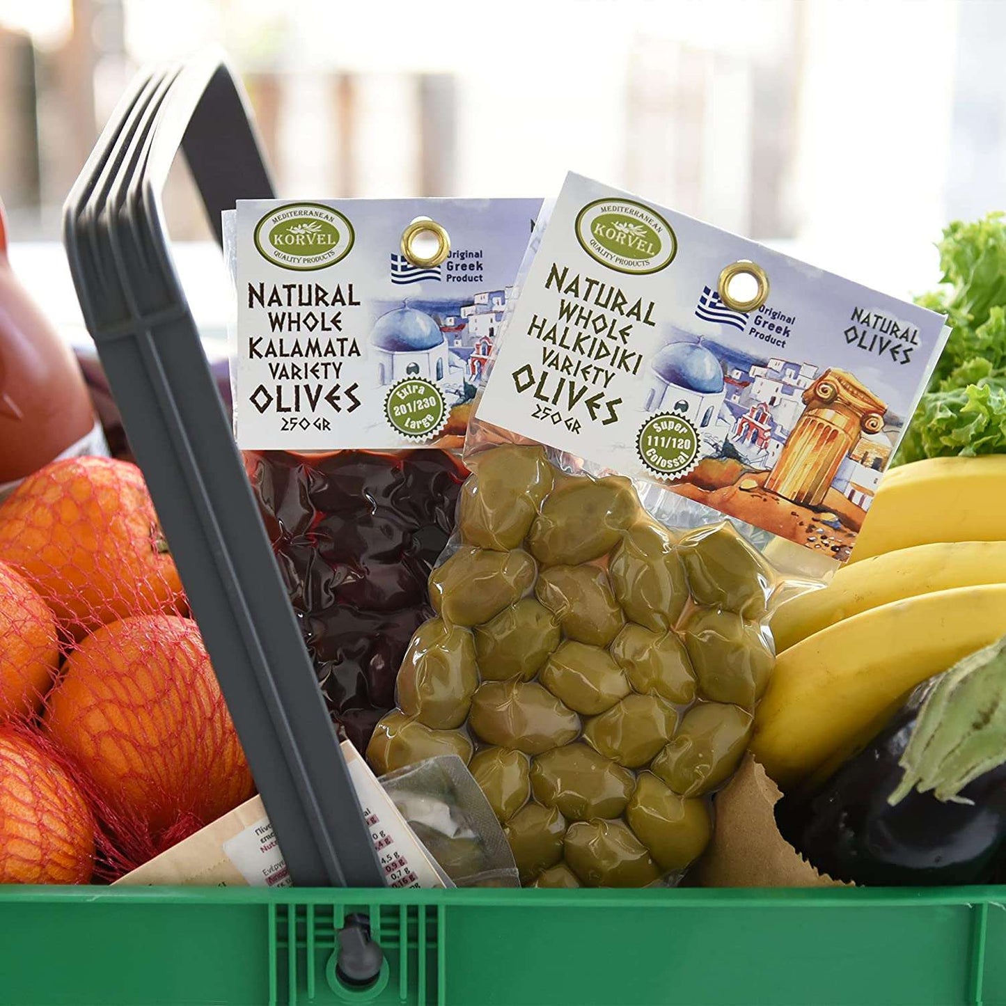 KORVEL Greek Olives - Halkidiki and Kalamata - set of two packs 2 x 0.55 lb - 1.1 lb