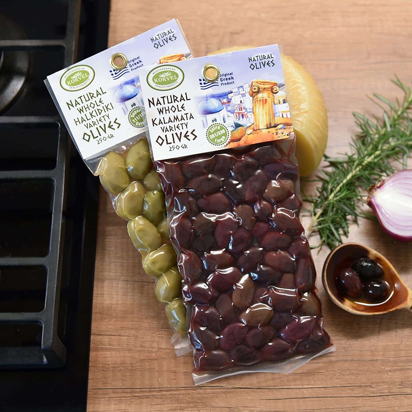 KORVEL Greek Olives - Halkidiki and Kalamata - set of two packs 2 x 0.55 lb - 1.1 lb