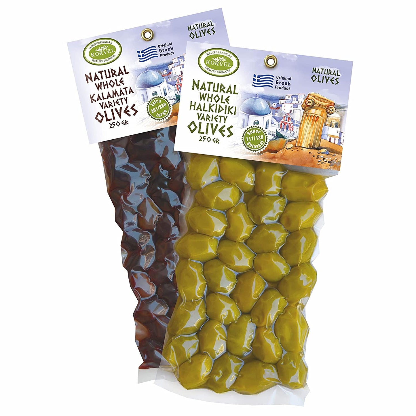 KORVEL Greek Olives - Mix Halkidiki and Kalamata - set of two packs, 2 x 250g - 500g - Vacuum Pack