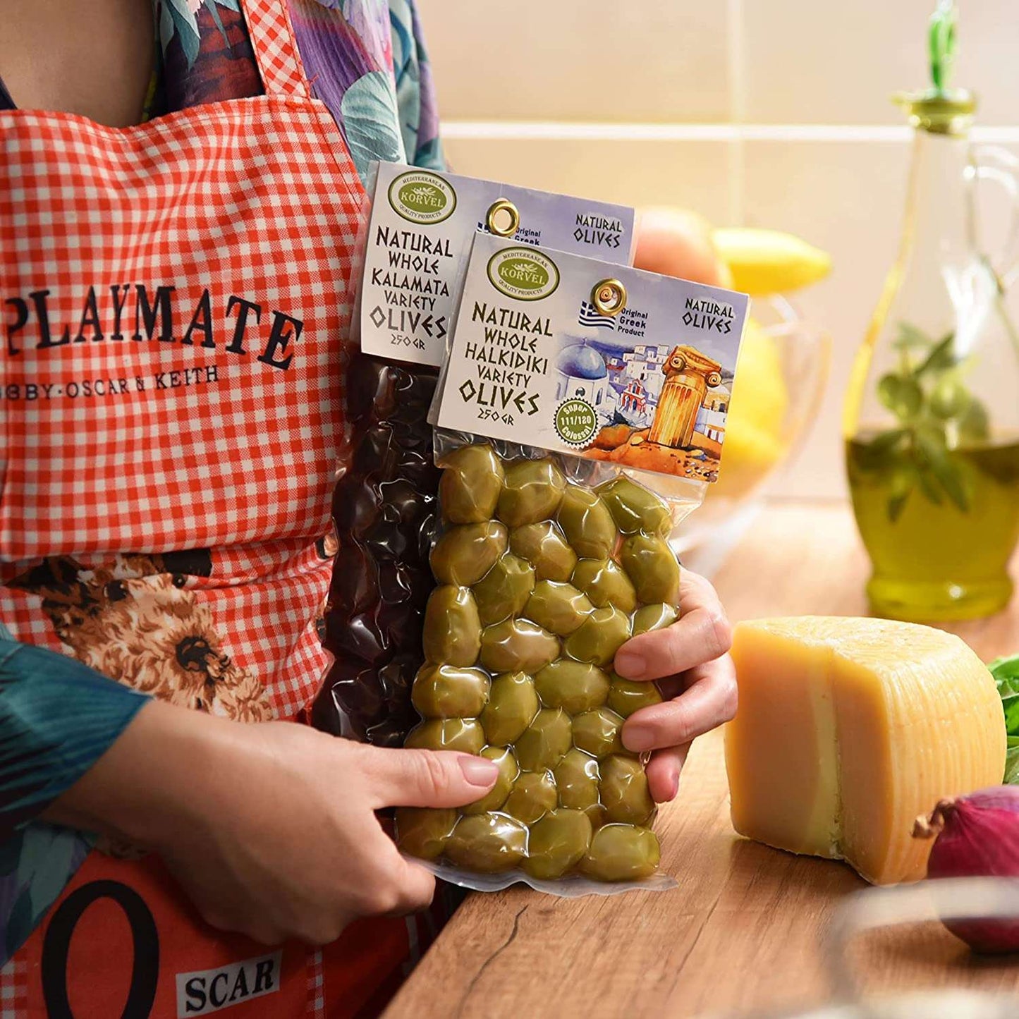 KORVEL Greek Olives - Halkidiki and Kalamata - set of two packs 2 x 0.55 lb - 1.1 lb