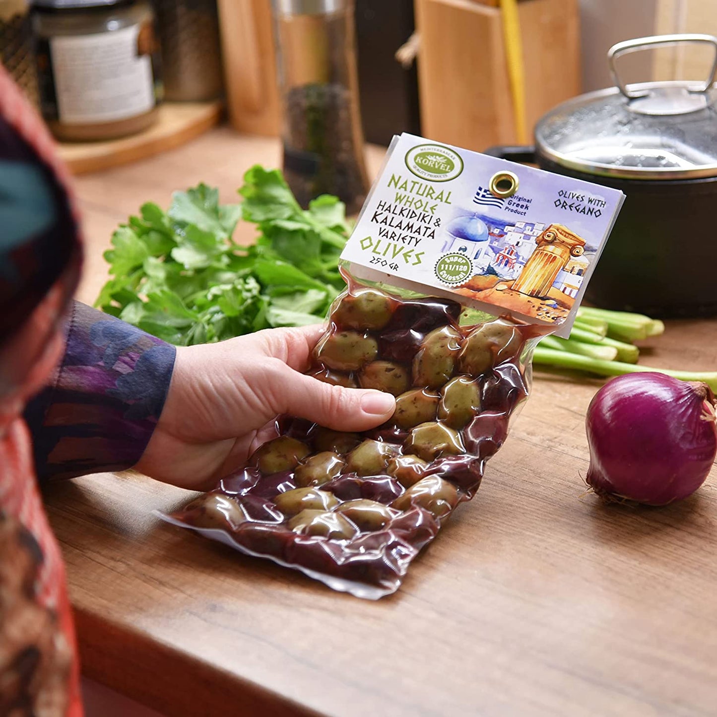 KORVEL Greek Olives - Kalamata-Halkidiki with Oregano - set of two packs, 2 x 250g - 500g - Vacuum Pack