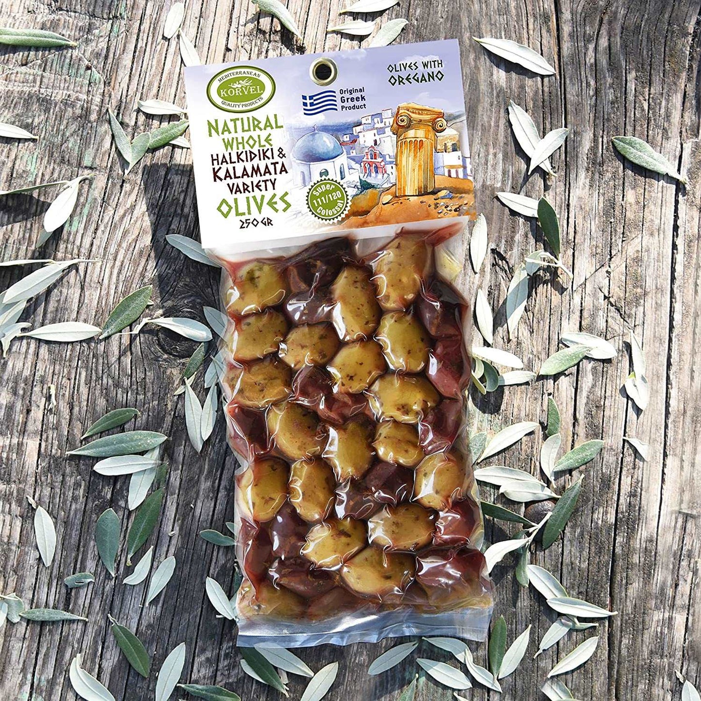 KORVEL Greek Olives - Kalamata-Halkidiki with Oregano - set of two packs 2 x 0.55 lb - 1.1 lb