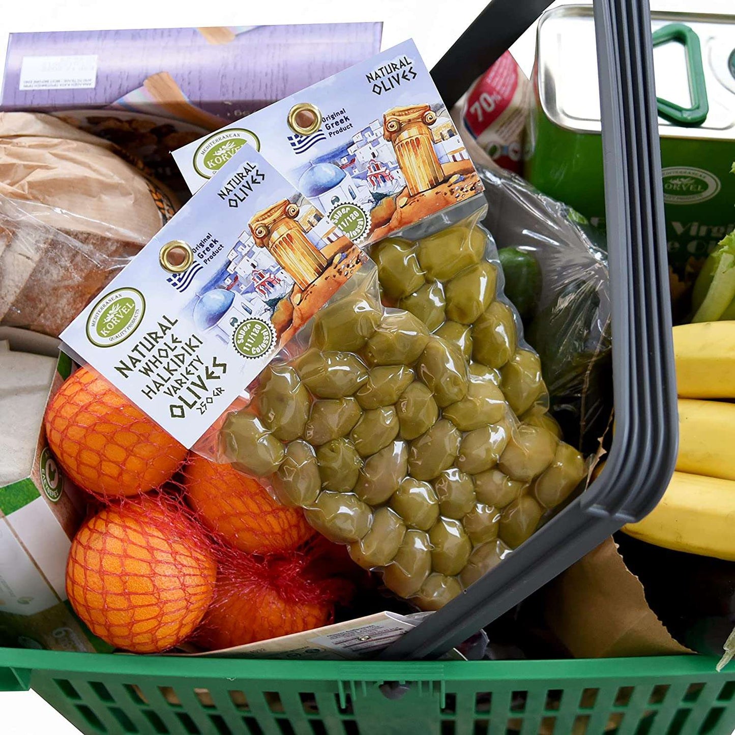 KORVEL Greek Olives - Halkidiki + Green Olives - set of two packs 2 x 0.55 lb - 1.1 lb