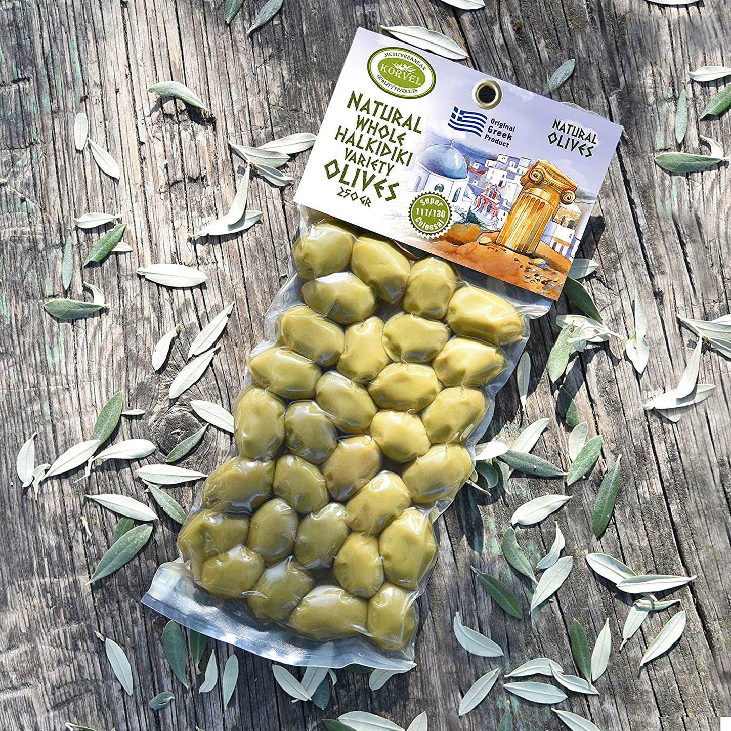 KORVEL Greek Olives - Halkidiki + Green Olives - set of two packs 2 x 0.55 lb - 1.1 lb