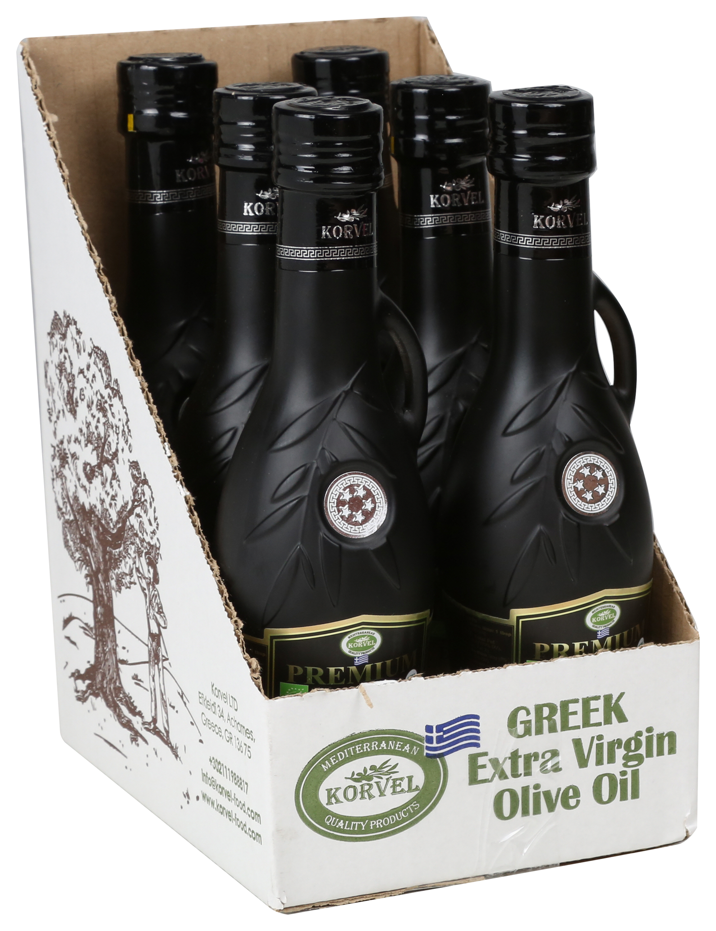 KORVEL Greek Extra Virgin Olive Oil Organic Premium PDO Kalamata, black Amphora 8.45 fl oz - 6 pack