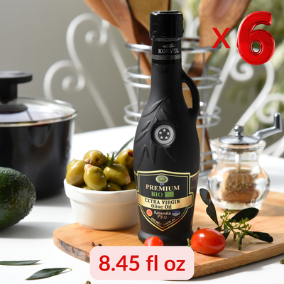 KORVEL Greek Extra Virgin Olive Oil Organic Premium PDO Kalamata, black Amphora 8.45 fl oz - 6 pack