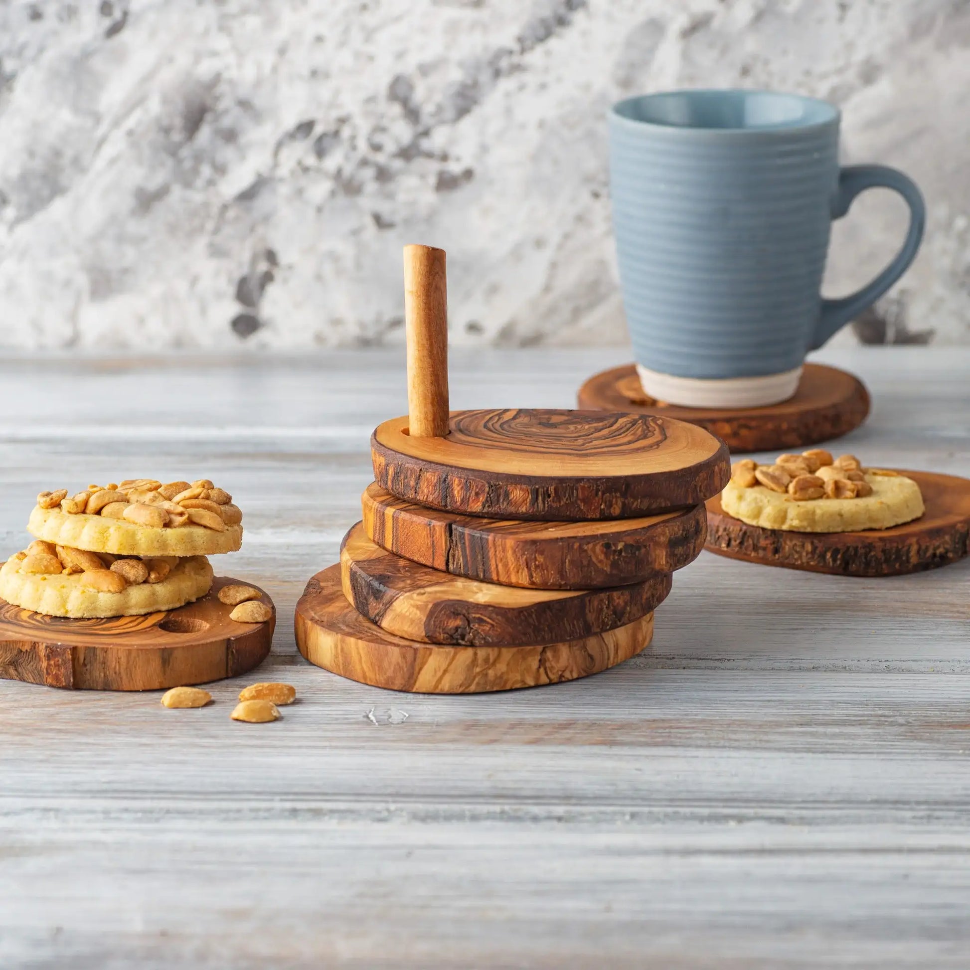 Olive Wood Coaster Set with Holder - 7 Pcs
