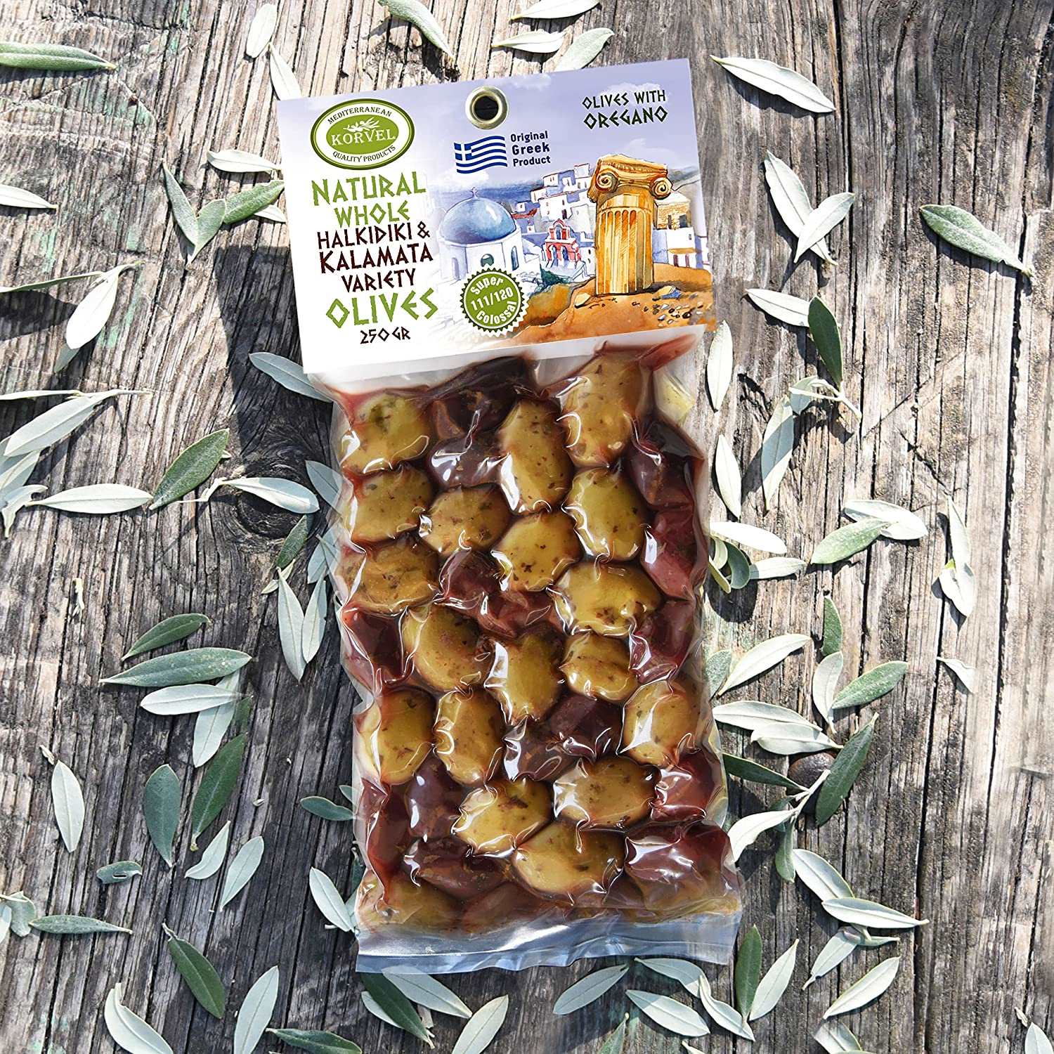 KORVEL Greek Olives - Kalamata-Halkidiki with Oregano - set of two packs 2 x 0.55 lb - 1.1 lb